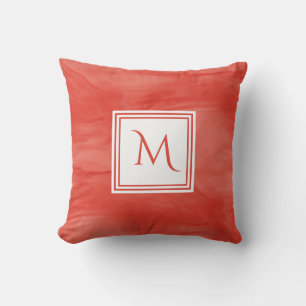Simple Red Orange Subtle Marble Modern Monogram Throw Pillow