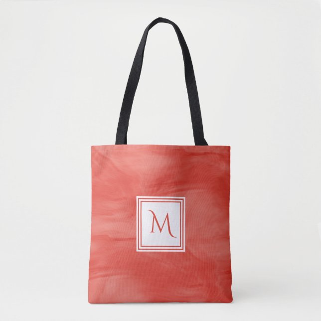 Simple Red Orange Subtle Marble Modern Monogram Tote Bag (Front)