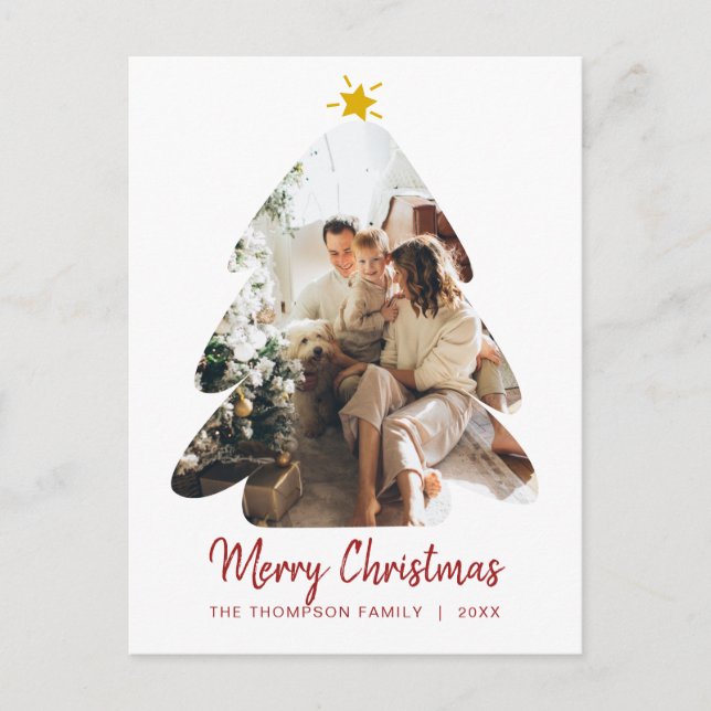 Simple Red Photo Christmas Tree Merry Christmas Postcard (Front)