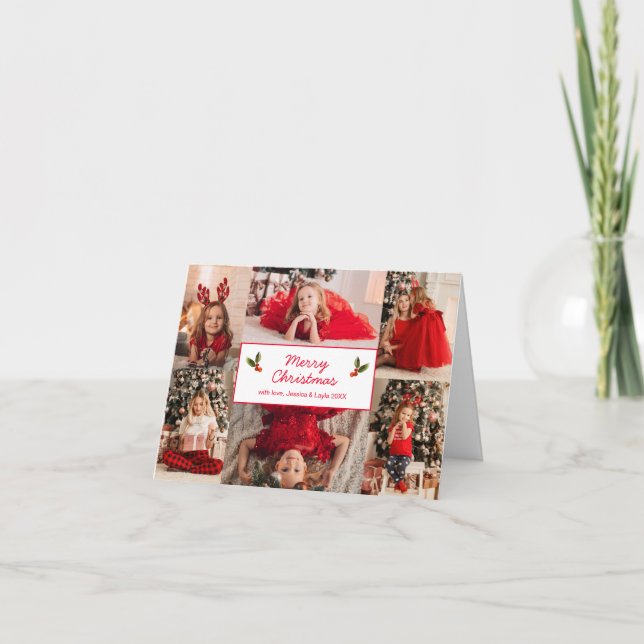 Simple Red Photo Collage Modern Christmas Holiday Card (Front)