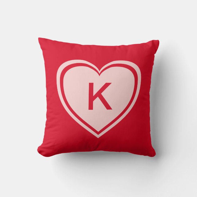 Simple Red Pink Heart Monogram Valentine`s Day Throw Pillow (Front)