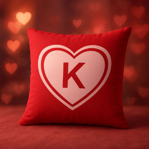 Simple Red Pink Heart Monogram Valentine`s Day Throw Pillow