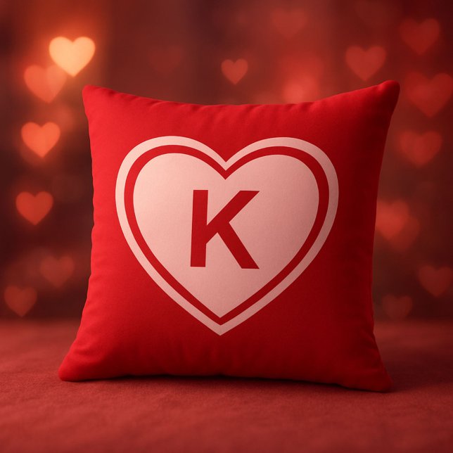Simple Red Pink Heart Monogram Valentine`s Day Throw Pillow (Creator Uploaded)