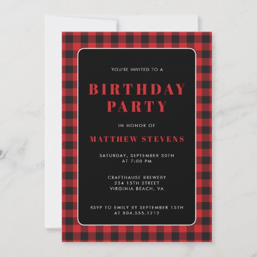 Simple Red Plaid Birthday Party Invitation 