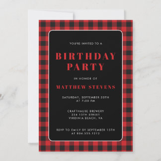Simple Red Plaid Birthday Party Invitation