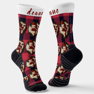 Simple Red Plaid Funny Christmas Family Photo Socks