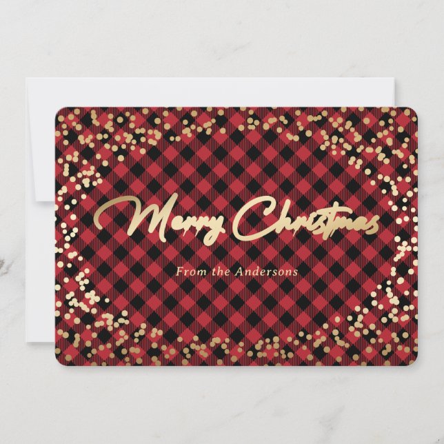 Simple Red Plaid Gold Foil Christmas Cards (Front)