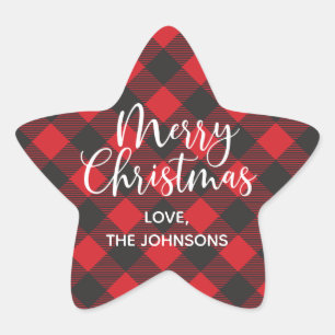 Simple Red Plaid Merry Christmas Star Sticker