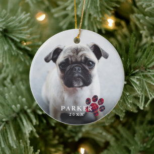 Simple Red Plaid Paw Photo Pet Christmas Ceramic Ornament