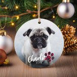 Simple Red Plaid Paw Script Photo Pet Christmas Ceramic Ornament<br><div class="desc">Simple Red Plaid Paw Script Photo Pet Christmas Ornament with cute tartan plaid pattern and white overlay script name and year. The back has the same plaid pattern. Great for a dog or cat. Click the edit button to customize this design with your photo and details.</div>