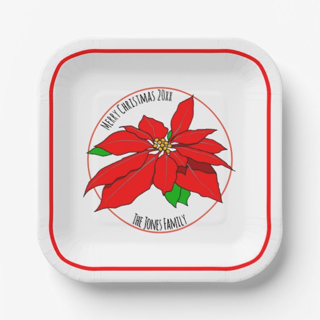 Simple Red Poinsettia Flower Merry Christmas White Paper Plates (Front)