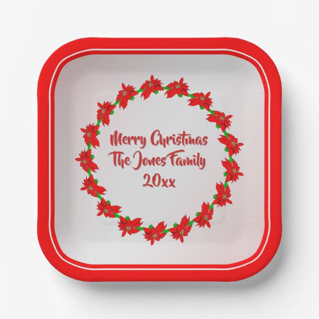 Simple Red Poinsettia Flower Ring Merry Christmas Paper Plates (Front)