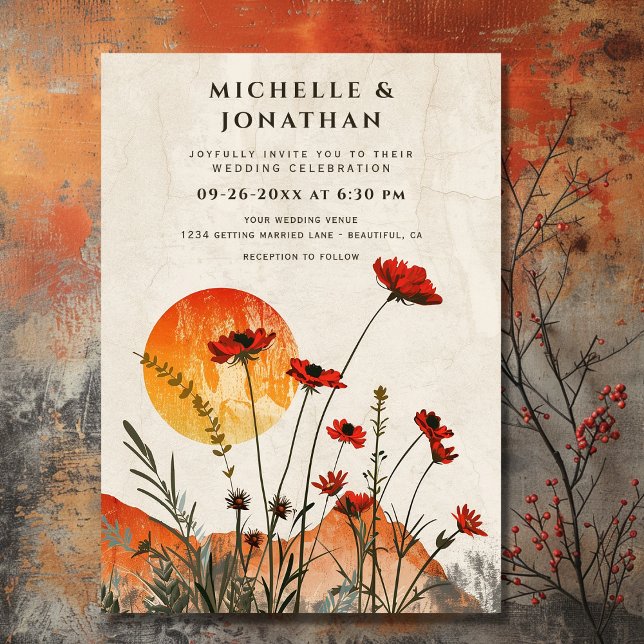 Simple Red Poppies Boho Wildflowers Sunset Wedding Invitation (Front - Simple Red Poppies Boho Wildflowers Sunset Wedding Invitation)