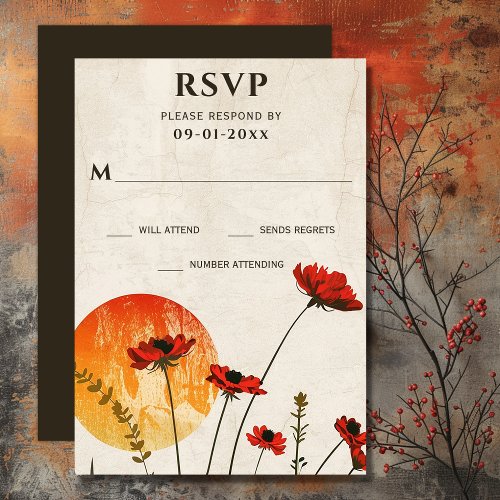 Simple Red Poppies Boho Wildflowers Sunset Wedding RSVP Card