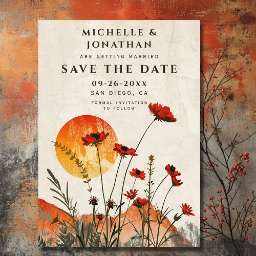 Simple Red Poppies Boho Wildflowers Sunset Wedding Save The Date