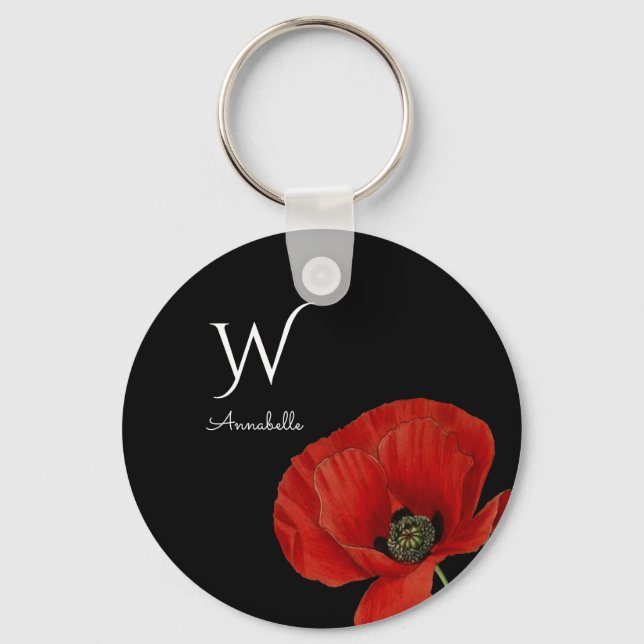 Simple Red Poppy on Black with Monogram Keychain (Front)