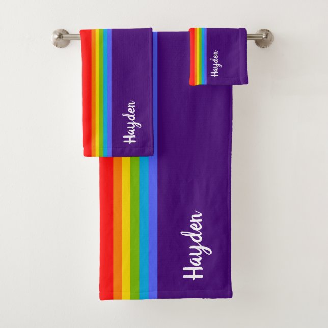 Simple red purple rainbow custom name Elegant Gay Bath Towel Set (Insitu)