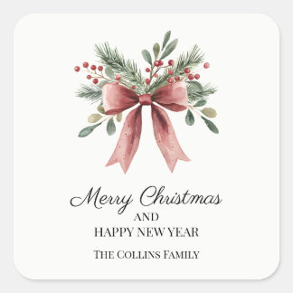 Simple Red Ribbon Bow Watercolor Holly Christmas Square Sticker