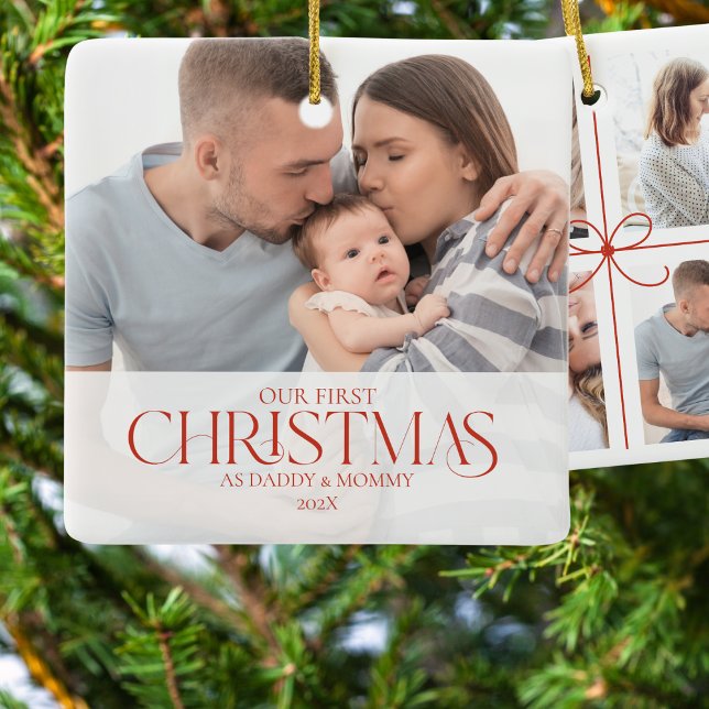 SImple Red Ribbon Our First Christmas Family Photo Ceramic Ornament (Creator Uploaded)
