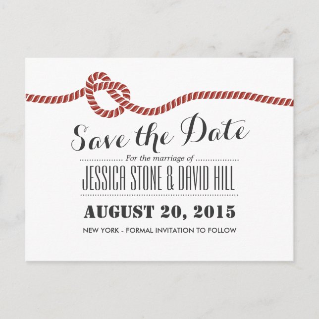 Simple Red Rope Knot Wedding Save the Date Announcement Postcard (Front)