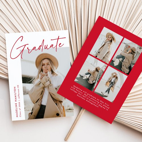 Simple Red Script 5 Photo Collage Graduation Announcement