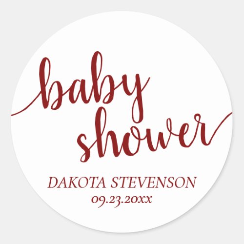 Simple Red Script  Cherry Flourish Baby Shower Classic Round Sticker