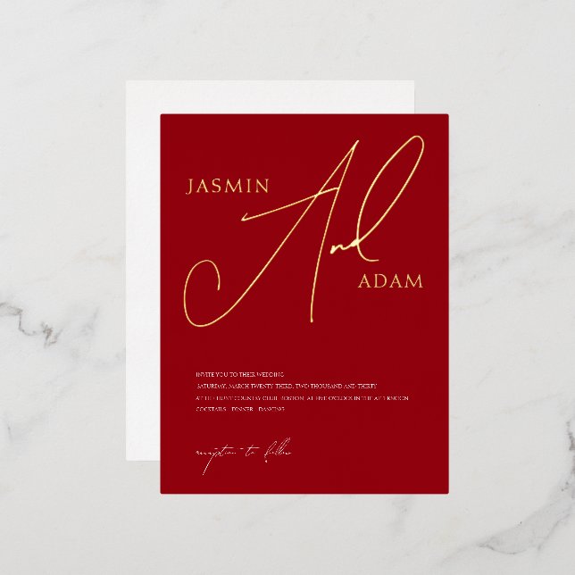 Simple Red Script Gold Foil Wedding Invitation Postcard (Front/Back)