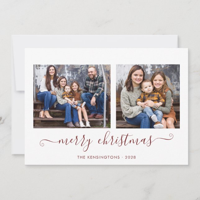 Simple Red Script Merry Christmas Photo Holiday  Card (Front)