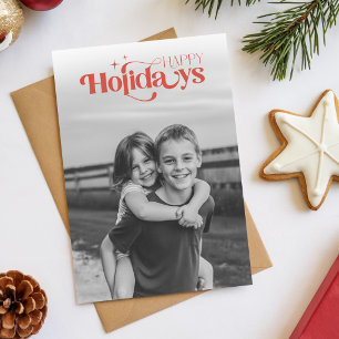 Simple Red Script Retro Photo Merry Christmas Holiday Postcard