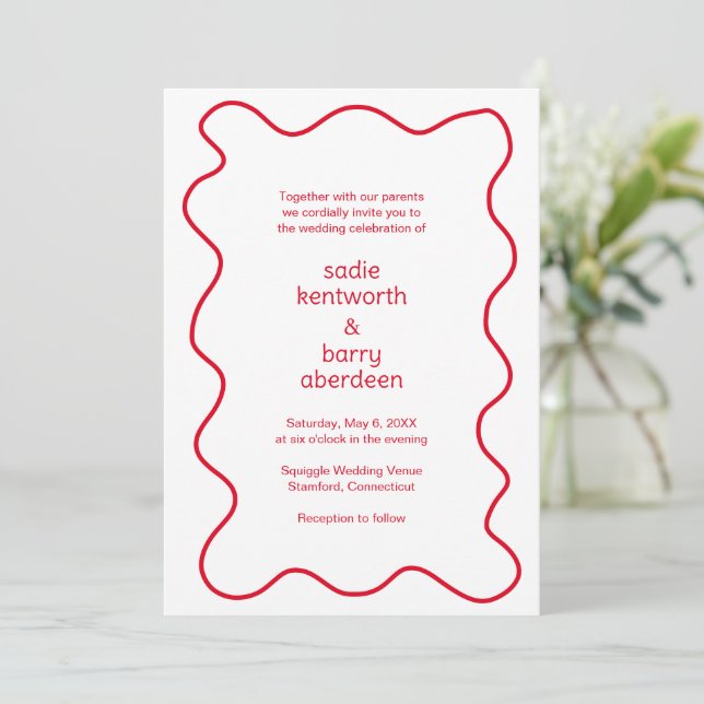 Simple Red Squiggle Frame Modern Wedding Invitation (Standing Front)