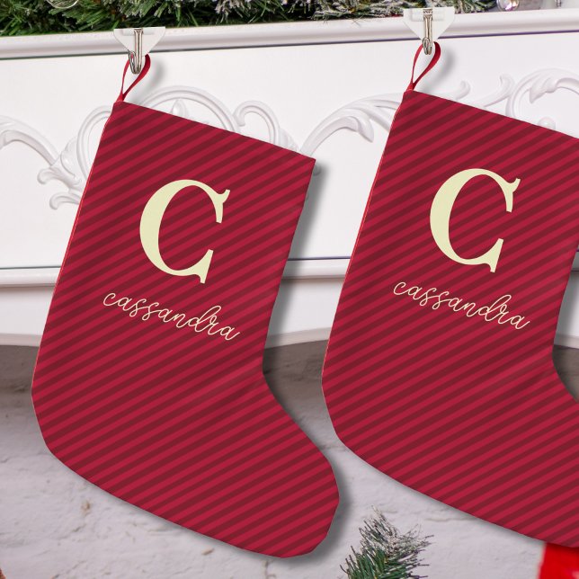 Simple Red Striped Monogram Name Small Christmas Stocking (Creator Uploaded)
