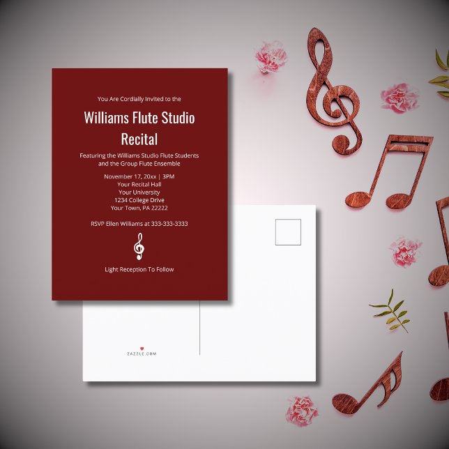 Simple Red Treble Clef Music Studio Recital Invitation Postcard (Creator Uploaded)