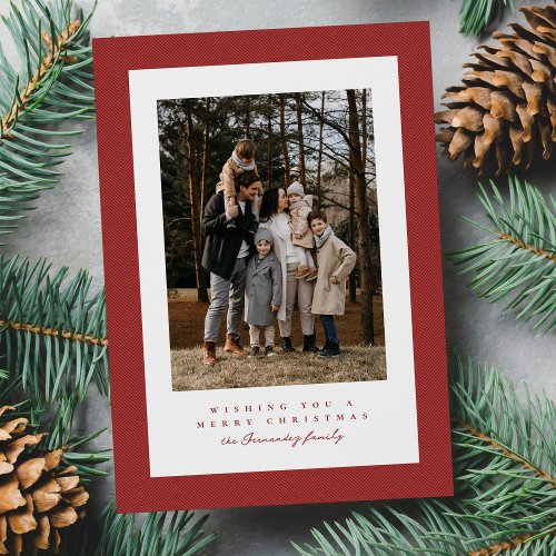 Simple red tweed frame Christmas photo Holiday Card