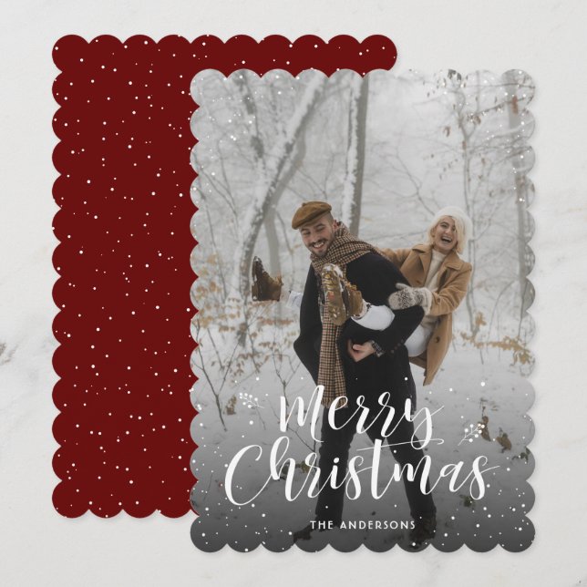 Simple Red Typography Snow Photo Merry Christmas Holiday Card (Front/Back)