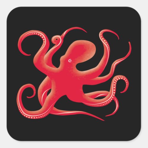 Simple Red Vector Art Octopus Silhouette Square Sticker