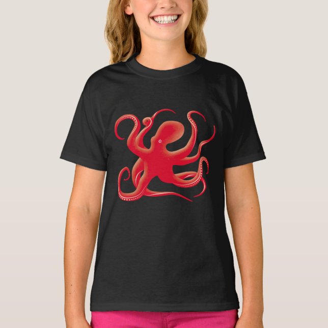 Simple Red Vector Art Octopus Silhouette T-Shirt (Front)