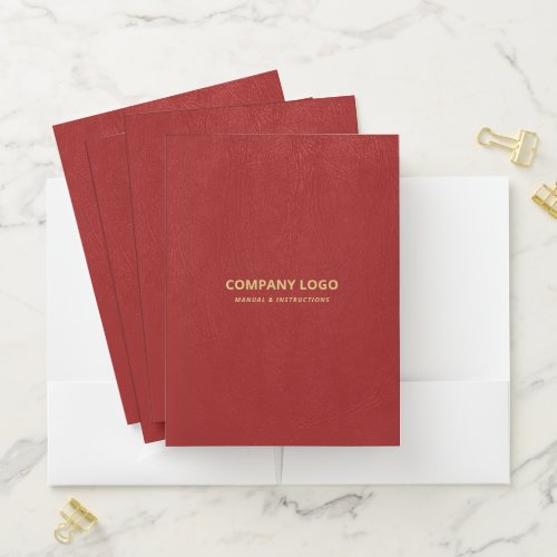  Simple Red Vintage Leather Gold Custom Text Pocket Folder