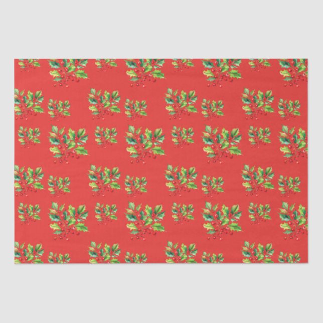 Simple red Watercolor Holly Berries Xmas Pattern Tissue Paper (Front)