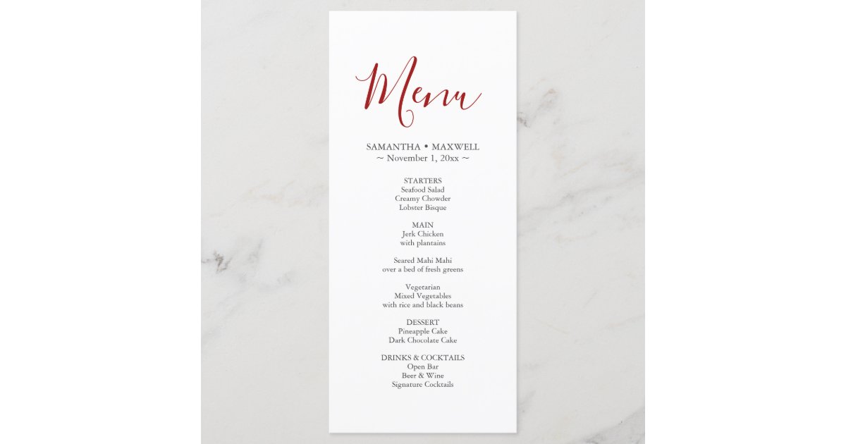 Simple Red Wedding Menus Card | Zazzle