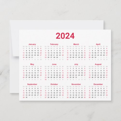 Simple Red  White 2024 Year At Glance Calendar Card