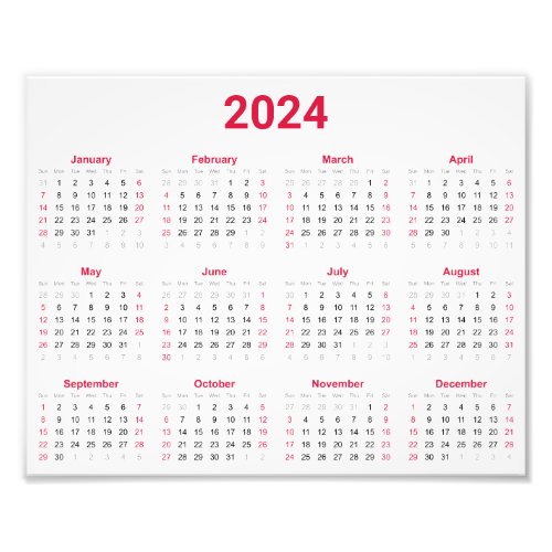 Simple Red  White 2024 Year At Glance Calendar Photo Print