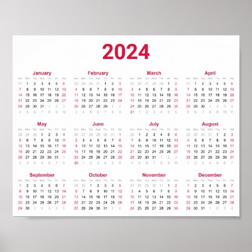 Simple Red  White 2024 Year At Glance Calendar Poster