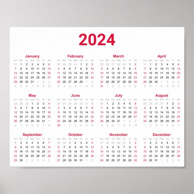 Simple Red White 2024 Year At Glance Calendar Poster Zazzle   Simple Red White 2024 Year At Glance Calendar Poster R8d864328156a444e8fc8fec059ef6d0a Wv8 8byvr 630 