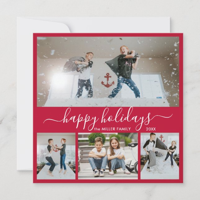 Simple Red White 4 Photo Collage Happy Holiday Card (Front)
