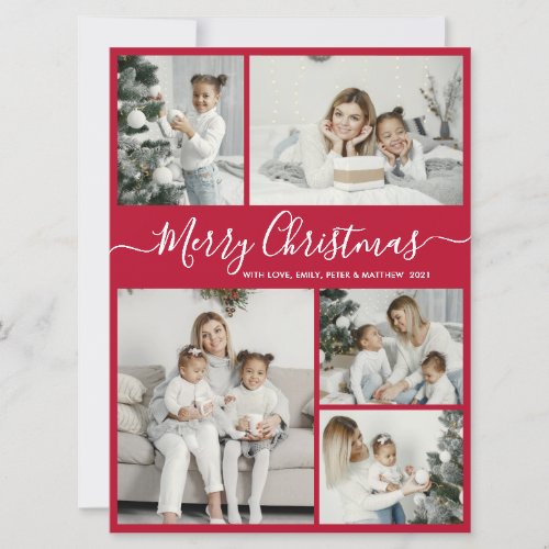 Simple Red White 5 Photo Collage Christmas Holiday Card