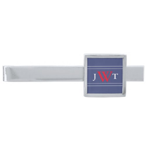 Simple Red White and Blue with Monogram Silver Finish Tie Bar