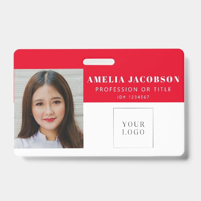 Simple Red White Employee Photo ID Logo Barcode Badge (Front)