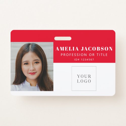 Simple Red White Employee Photo ID Logo Barcode Badge