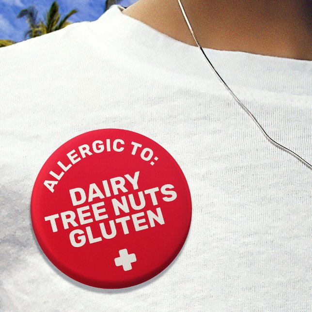Simple Red White Food Allergy Medical Alert Button (Red badge that says 'allergic to: dairy, tree nuts, gluten')