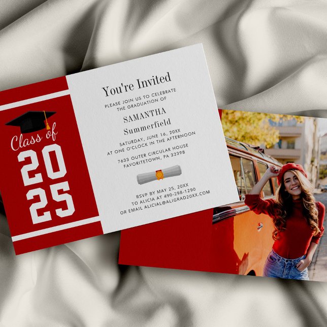 Simple Red White Graduation Photo Grad 2026 Party Invitation (Graduation 2025 Photo Red and White Party Invitation)